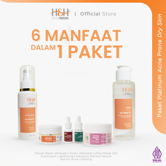 H&H Paket Platinum Acne Prone Dry Skin ( bebas bekas jerawat ), ATASI BEKAS JERAWAT MEMBANDEL, BERUNTUS, KUSAM DAN ANTI AGING