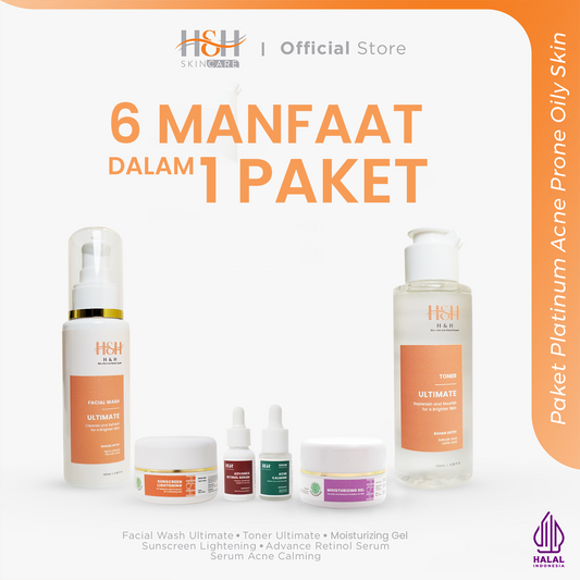 H&H Paket Platinum Acne Prone Oily Skin ( bebas bekas jerawat ), ATASI BEKAS JERAWAT MEMBANDEL, BERUNTUS, KUSAM DAN ANTI AGING