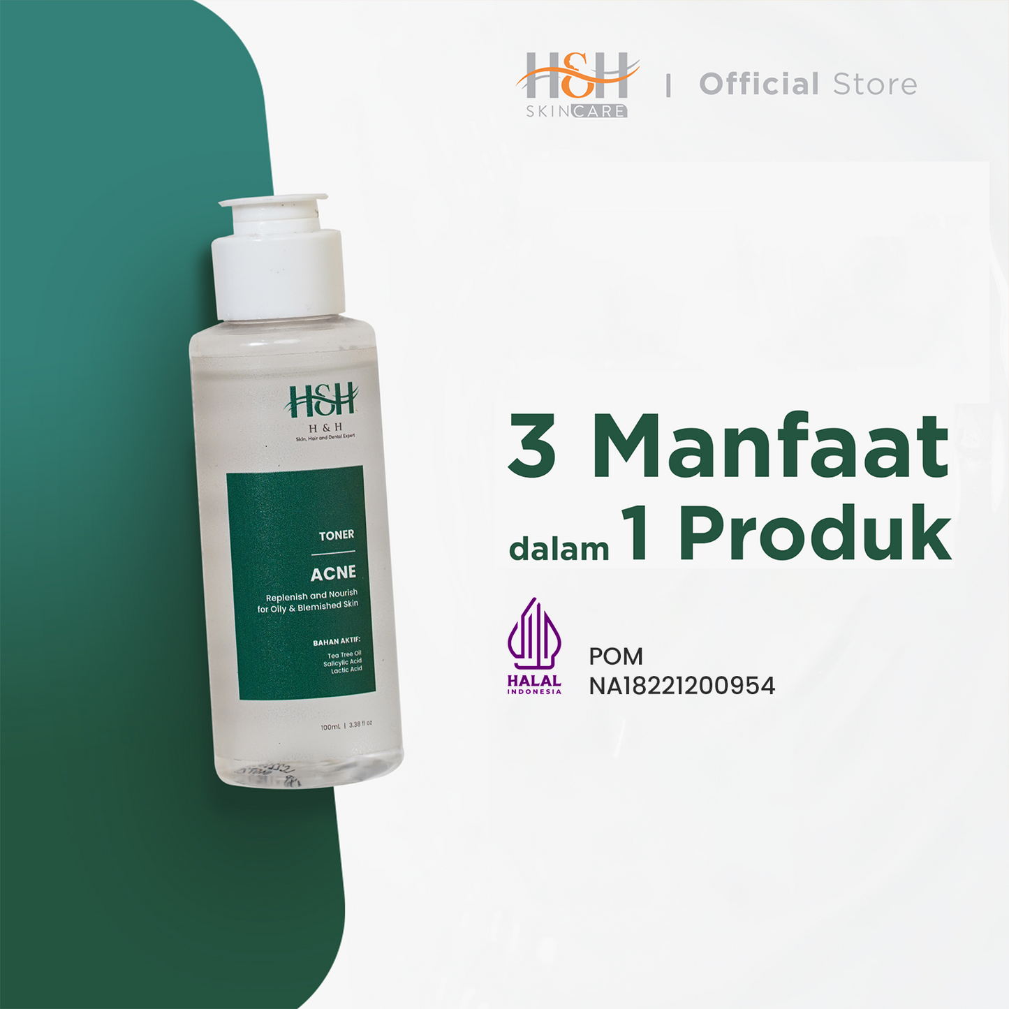 H&H Toner Acne ( Toner khusus untuk kulit berjerawat ) , 3 in 1 exfoliating Toner, antiseptik, mengikis komedo, mengurangi kadar minyak