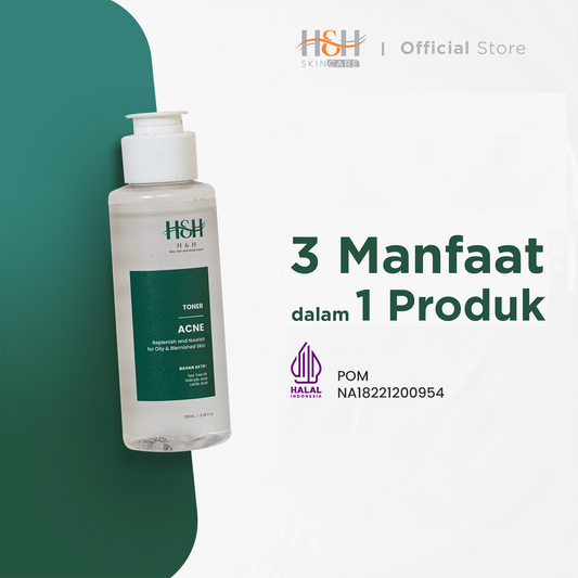 H&H Toner Acne ( Toner khusus untuk kulit berjerawat ) , 3 in 1 exfoliating Toner, antiseptik, mengikis komedo, mengurangi kadar minyak